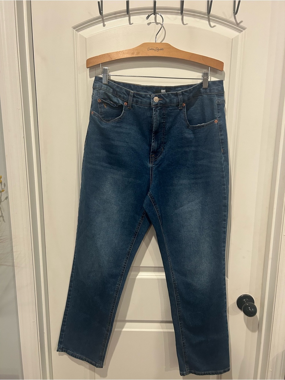 Frye Indigo Denim Jeans with Brown Leather Patch